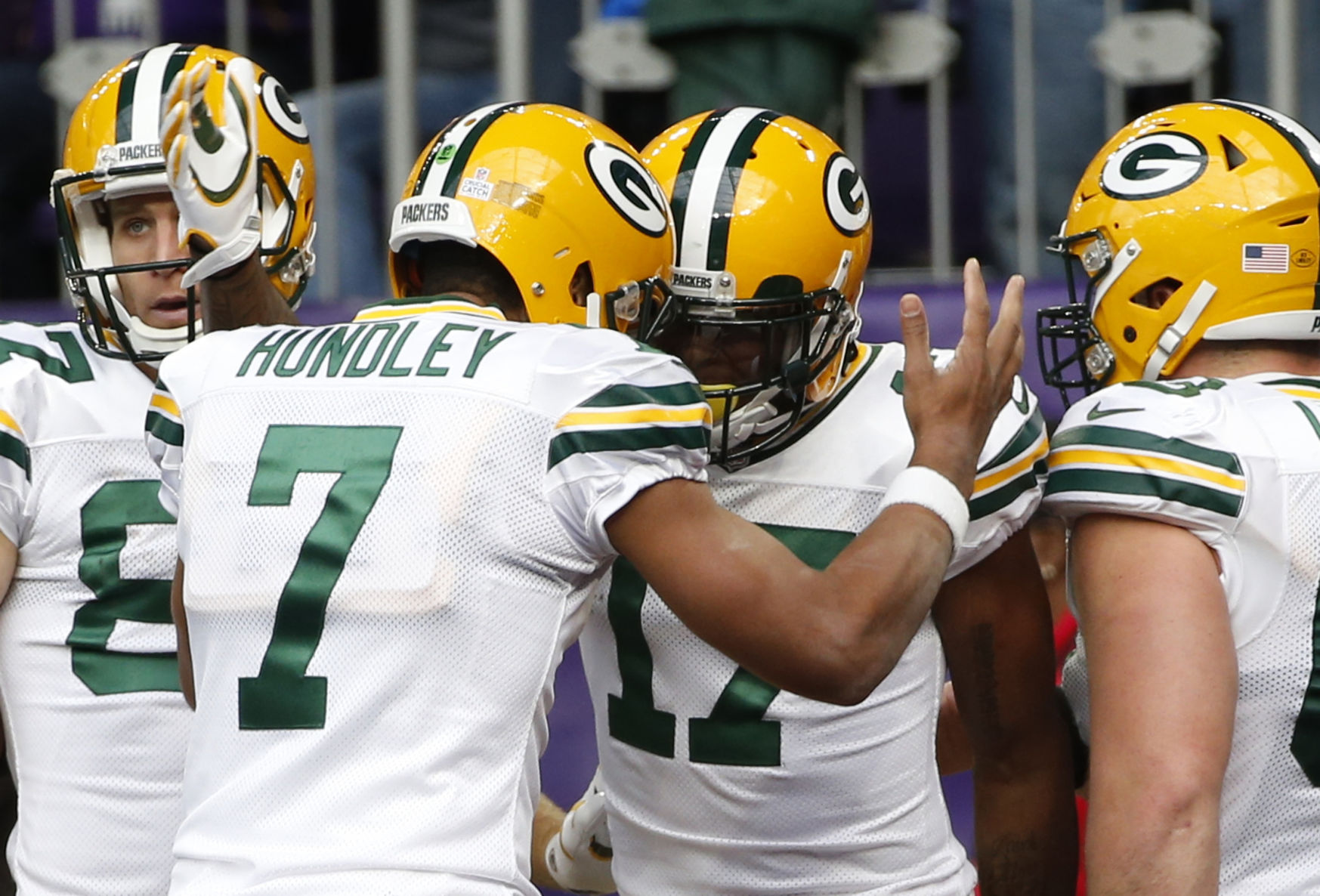 Brett Hundley, Davante Adams celebrate, AP photo